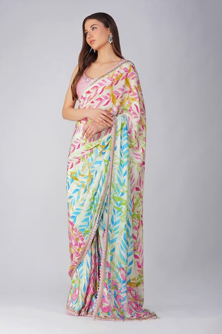 Shop Devyani Mehrotra Pink Crepe, Chanderi Sequins Round Leaf Print Pre-stitched Saree And Blouse Set Online at Aza Fashions Shop_Devyani Mehrotra_Pink Crepe, Chanderi Sequins Round Leaf Print Pre-stitched Saree And Blouse Set _Online_at_Aza_Fashions