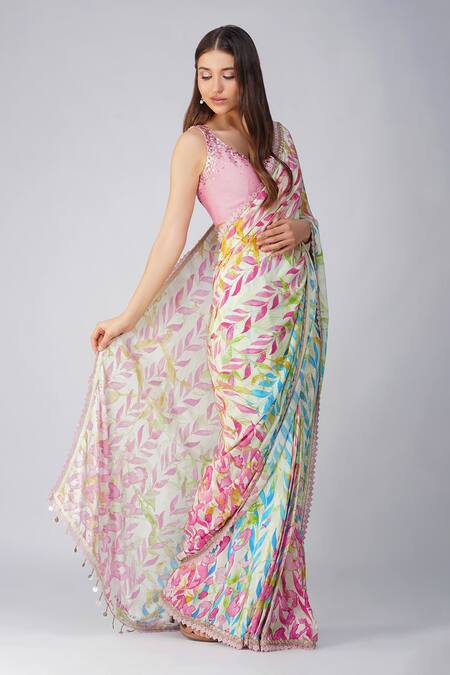 Devyani Mehrotra Pink Crepe, Chanderi Sequins Round Leaf Print Pre-stitched Saree And Blouse Set at Aza Fashions Devyani Mehrotra_Pink Crepe, Chanderi Sequins Round Leaf Print Pre-stitched Saree And Blouse Set _at_Aza_Fashions