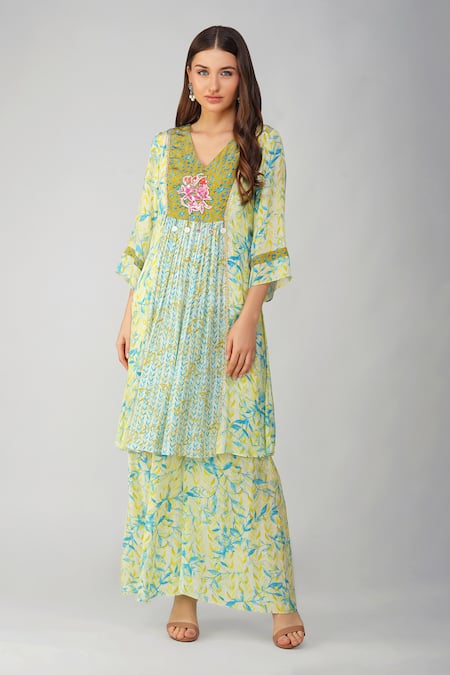 Devyani Mehrotra Leaf Print Gathered Tunic & Pant Set 