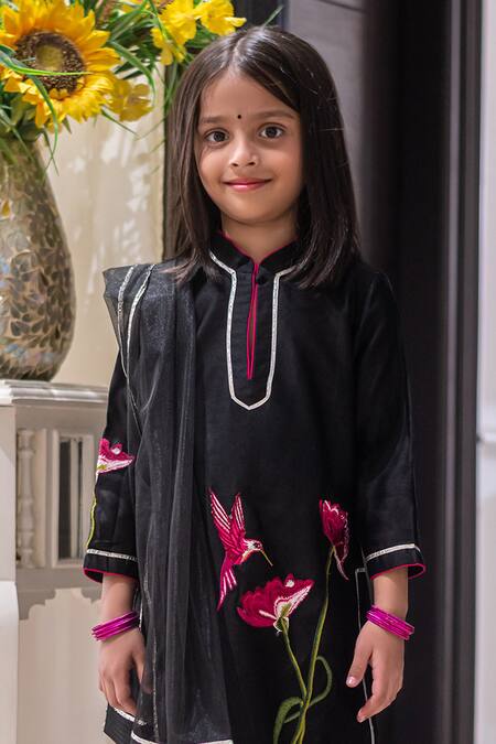 Buy_Mamma Plz_Black Handloom Cotton, Chanderi, Cotton, Net Embroidery Hummingbird Kurta Set _Online_at_Aza_Fashions