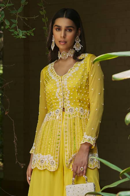 Buy_Saniya Sharma_Yellow Organza, Georgette Pearls, Floret Embroidered Peplum Jacket With Sharara _Online_at_Aza_Fashions