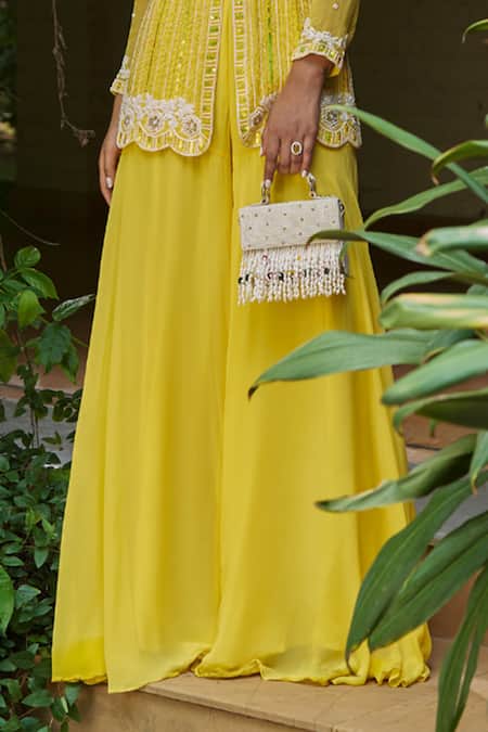 Shop_Saniya Sharma_Yellow Organza, Georgette Pearls, Floret Embroidered Peplum Jacket With Sharara _Online_at_Aza_Fashions