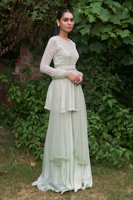 Saniya Sharma Green Organza, Chiffon Pearls, Amaryllis Embroidered Peplum Kurta Sharara Set Online at Aza Fashions Saniya Sharma_Green Organza, Chiffon Pearls, Amaryllis Embroidered Peplum Kurta Sharara Set _Online_at_Aza_Fashions