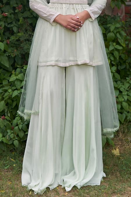 Buy Saniya Sharma Green Organza, Chiffon Pearls, Amaryllis Embroidered Peplum Kurta Sharara Set Online at Aza Fashions Buy_Saniya Sharma_Green Organza, Chiffon Pearls, Amaryllis Embroidered Peplum Kurta Sharara Set _Online_at_Aza_Fashions
