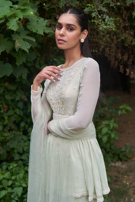 Shop Saniya Sharma Green Organza, Chiffon Pearls, Amaryllis Embroidered Peplum Kurta Sharara Set Online at Aza Fashions Shop_Saniya Sharma_Green Organza, Chiffon Pearls, Amaryllis Embroidered Peplum Kurta Sharara Set _Online_at_Aza_Fashions