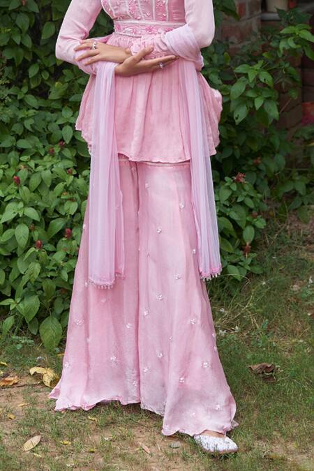 Saniya Sharma_Pink Organza, Chiffon Pearls, Petunia Embroidered Peplum Kurta Sharara Set _Online_at_Aza_Fashions