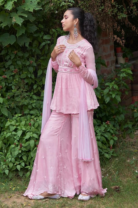 Buy_Saniya Sharma_Pink Organza, Chiffon Pearls, Petunia Embroidered Peplum Kurta Sharara Set _Online_at_Aza_Fashions
