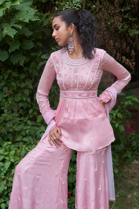 Shop_Saniya Sharma_Pink Organza, Chiffon Pearls, Petunia Embroidered Peplum Kurta Sharara Set _Online_at_Aza_Fashions