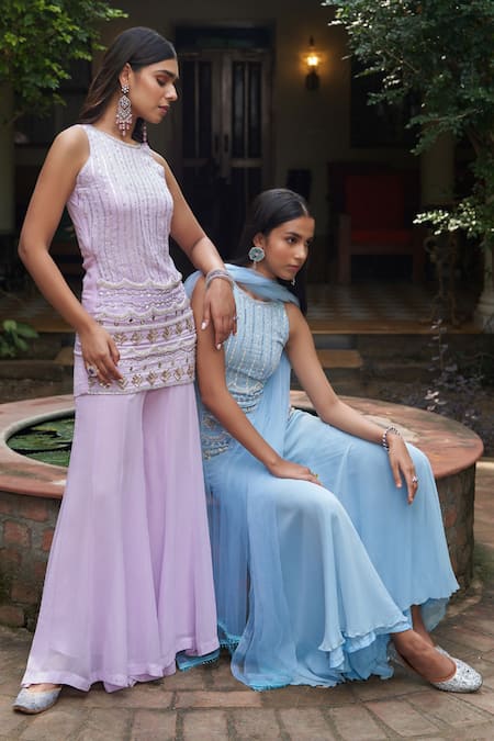 Saniya Sharma_Blue Organza, Georgette, Denim Pearls, Ivy Vine Embroidered Kurta Sharara Set _Online_at_Aza_Fashions
