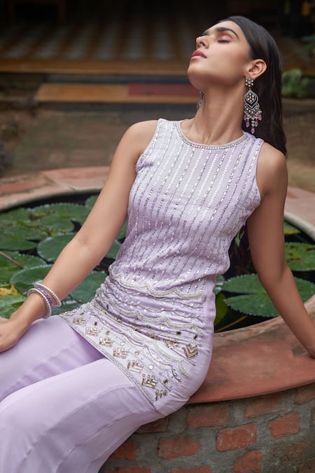 Saniya Sharma_Purple Organza, Chiffon Pearls, Sequins, Vine Embroidered Kurta Sharara Set _Online_at_Aza_Fashions