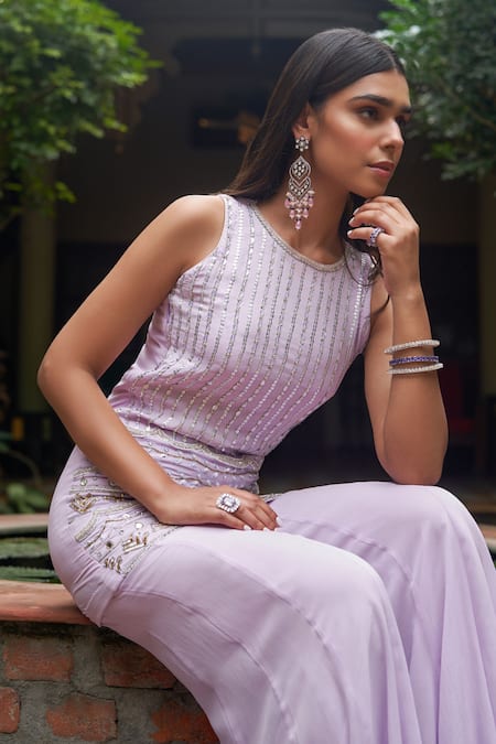 Buy_Saniya Sharma_Purple Organza, Chiffon Pearls, Sequins, Vine Embroidered Kurta Sharara Set _Online_at_Aza_Fashions