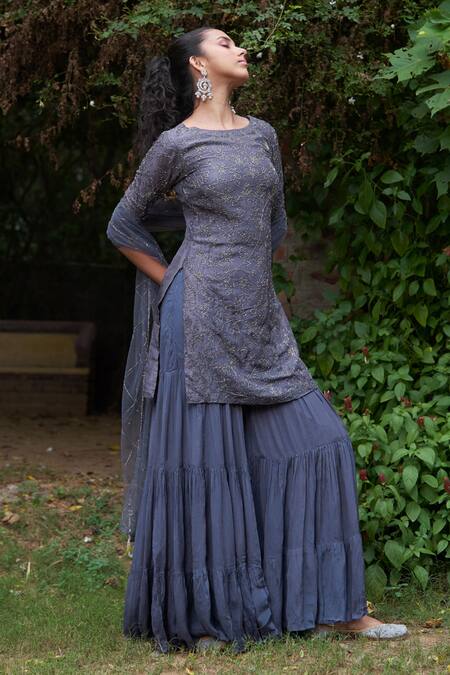 Saniya Sharma_Grey Silk, Net, Chiffon Cut Work Round Blossom Embroidered Kurta Sharara Set _Online_at_Aza_Fashions