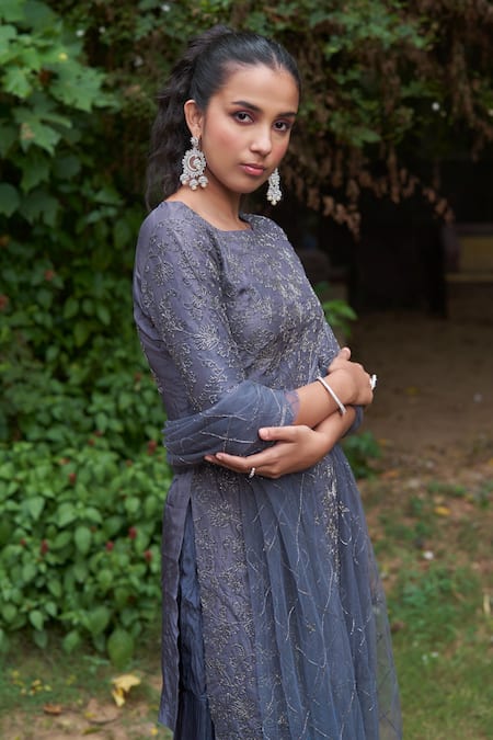 Shop_Saniya Sharma_Grey Silk, Net, Chiffon Cut Work Round Blossom Embroidered Kurta Sharara Set _Online_at_Aza_Fashions