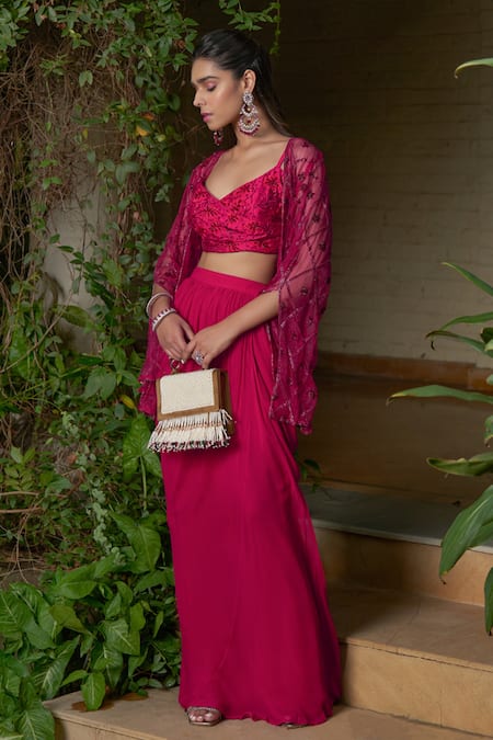 Saniya Sharma Pansy Bloom Embroidered Cape Draped Skirt Set 