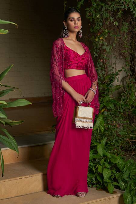 Saniya Sharma_Red Silk, Organza, Georgette Pansy Bloom Embroidered Cape Draped Skirt Set _Online_at_Aza_Fashions