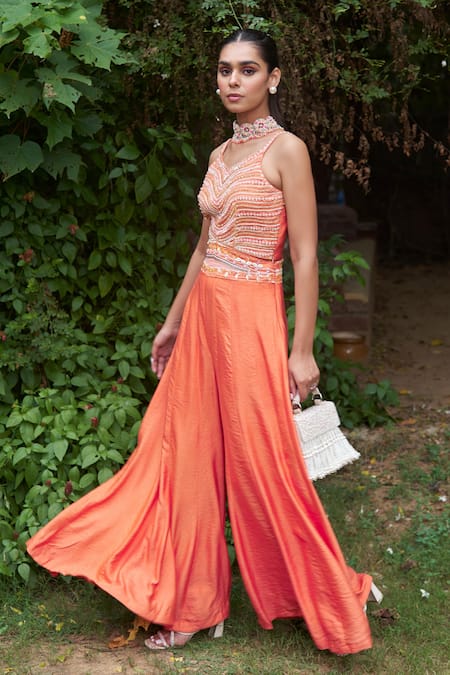 Saniya Sharma_Orange Cotton, Silk Sequins, Synodic Embroidered Jumpsuit _Online_at_Aza_Fashions