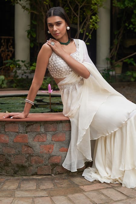 Saniya Sharma Plain Ruffled Pre-Draped Saree Set 