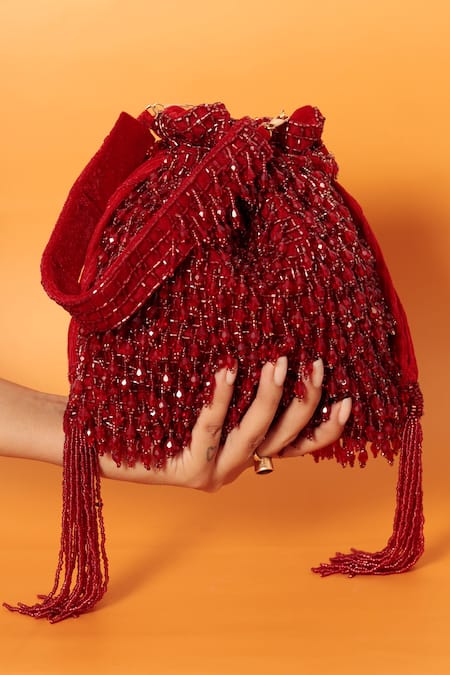 THE TAN CLAN Red Crystals Rosa Beaded Fringe Encrusted Potli Bag