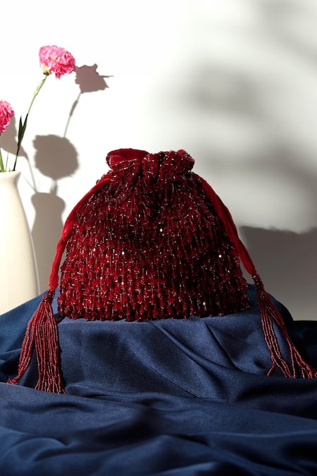 The Tan Clan_Red Crystals, Beads Rosa Fringe Encrusted Potli Bag _at_Aza_Fashions