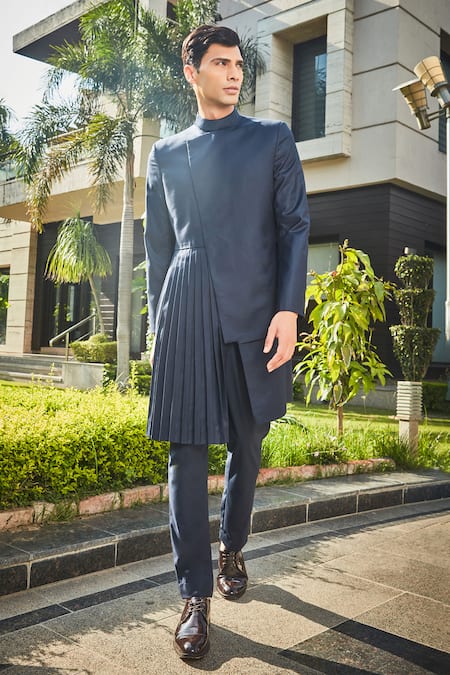 Bohame Blue Terrywool Suiting Solid Stygian Pleated Bandhgala And Pant Set