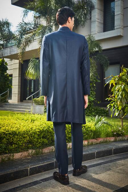 Shop Bohame Blue Terrycloth Stygian Pleated Bandhgala And Pant Set at Aza Fashions Shop_Bohame_Blue Terrycloth Stygian Pleated Bandhgala And Pant Set_at_Aza_Fashions