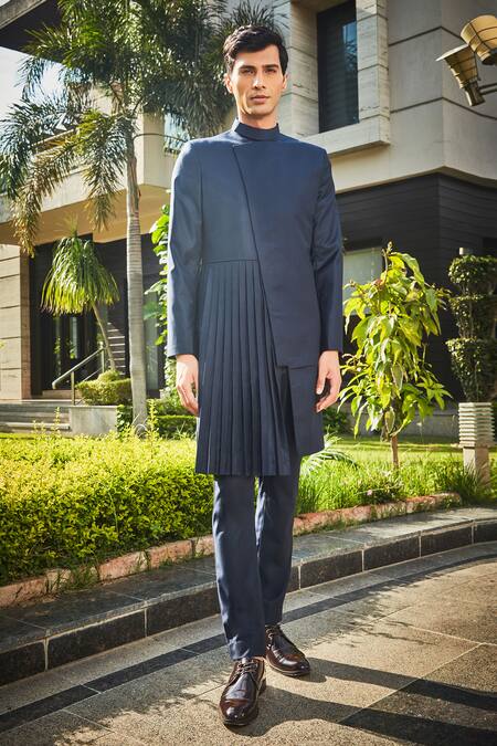 Buy Bohame Blue Terrycloth Stygian Pleated Bandhgala And Pant Set Online at Aza Fashions Buy_Bohame_Blue Terrycloth Stygian Pleated Bandhgala And Pant Set_Online_at_Aza_Fashions