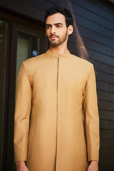 Buy_Bohame_Beige Terrycloth Prit Slim Fit Achkan And Pant Set_Online_at_Aza_Fashions
