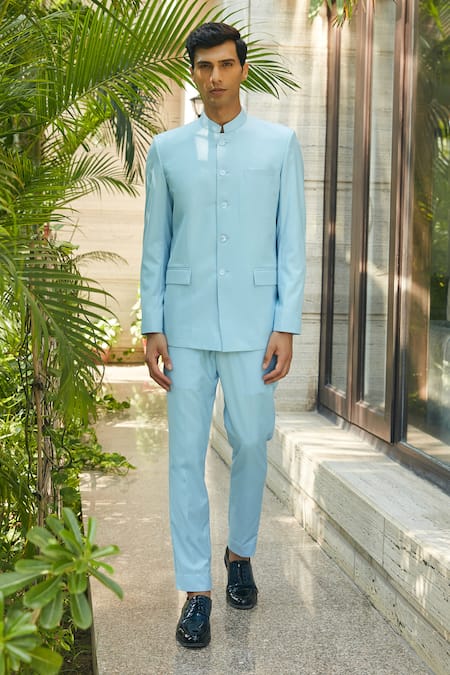 Bohame Sky Blue Terrywool Suiting Solid Julian Bandhgala And Straight Pant Set