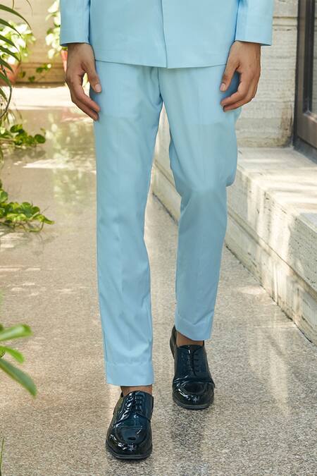 Bohame_Sky Blue Terrycloth Julian Bandhgala And Straight Pant Set_Online_at_Aza_Fashions