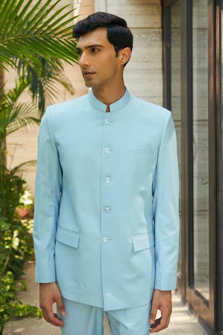 Buy_Bohame_Sky Blue Terrycloth Julian Bandhgala And Straight Pant Set_Online_at_Aza_Fashions