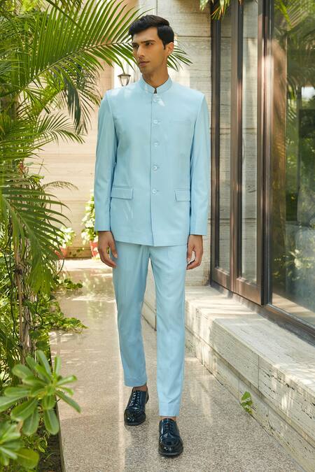 Shop_Bohame_Sky Blue Terrycloth Julian Bandhgala And Straight Pant Set_Online_at_Aza_Fashions