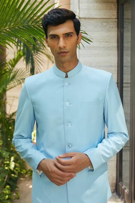 Bohame_Sky Blue Terrycloth Julian Bandhgala And Straight Pant Set_at_Aza_Fashions