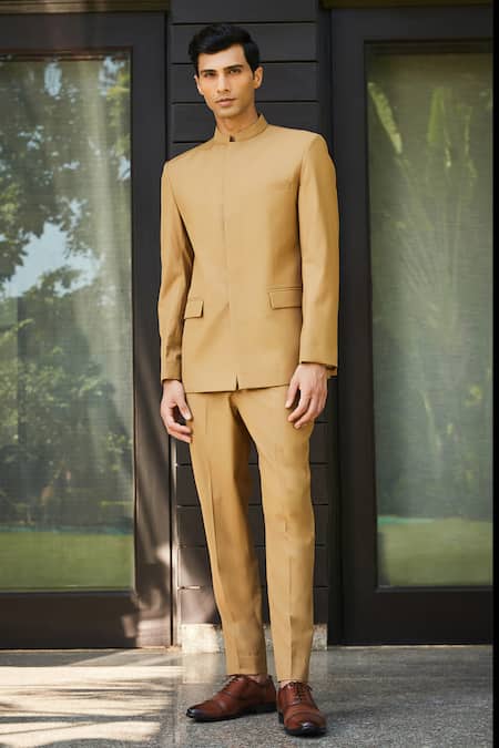 Bohame Beige Terrywool Suiting Solid Russel Bandhgala And Straight Pant Set