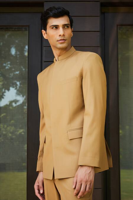 Bohame Beige Terrycloth Russel Bandhgala And Straight Pant Set at Aza Fashions Bohame_Beige Terrycloth Russel Bandhgala And Straight Pant Set_at_Aza_Fashions