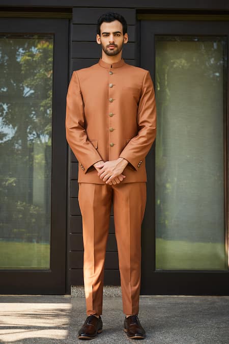 Bohame Orange Terrywool Suiting Solid Clinton Bandhgala And Straight Pant Set