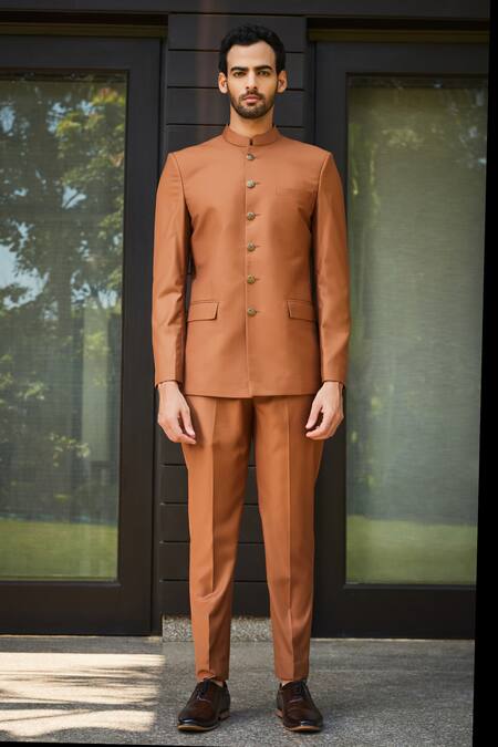 Bohame Orange Terrycloth Clinton Bandhgala And Straight Pant Set Online at Aza Fashions Bohame_Orange Terrycloth Clinton Bandhgala And Straight Pant Set_Online_at_Aza_Fashions