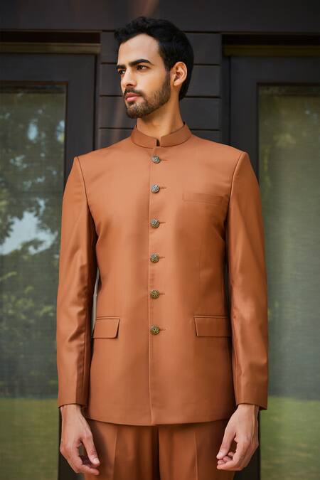 Buy Bohame Orange Terrycloth Clinton Bandhgala And Straight Pant Set Online at Aza Fashions Buy_Bohame_Orange Terrycloth Clinton Bandhgala And Straight Pant Set_Online_at_Aza_Fashions