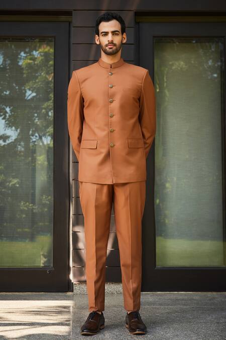Shop Bohame Orange Terrycloth Clinton Bandhgala And Straight Pant Set Online at Aza Fashions Shop_Bohame_Orange Terrycloth Clinton Bandhgala And Straight Pant Set_Online_at_Aza_Fashions