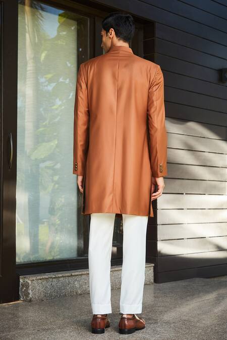 Shop_Bohame_Orange Terrycloth Travis Slim Fit Achkan And Pant Set_at_Aza_Fashions