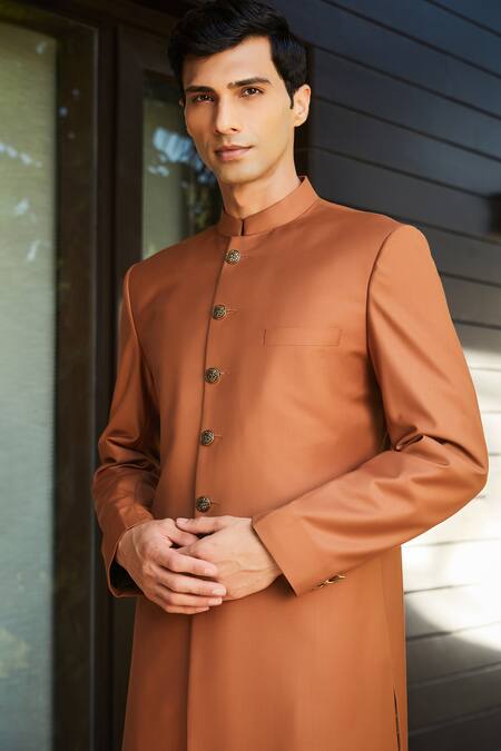 Buy_Bohame_Orange Terrycloth Travis Slim Fit Achkan And Pant Set_Online_at_Aza_Fashions