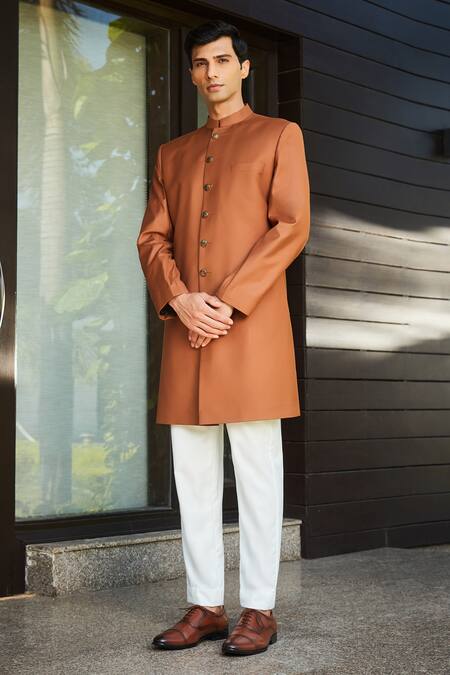 Bohame_Orange Terrycloth Travis Slim Fit Achkan And Pant Set_at_Aza_Fashions