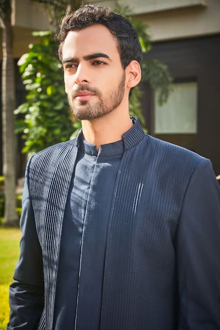 Buy Bohame Blue Terrycloth Piping Barry Pintucked Bandhgala Set Online at Aza Fashions Buy_Bohame_Blue Terrycloth Piping Barry Pintucked Bandhgala Set_Online_at_Aza_Fashions