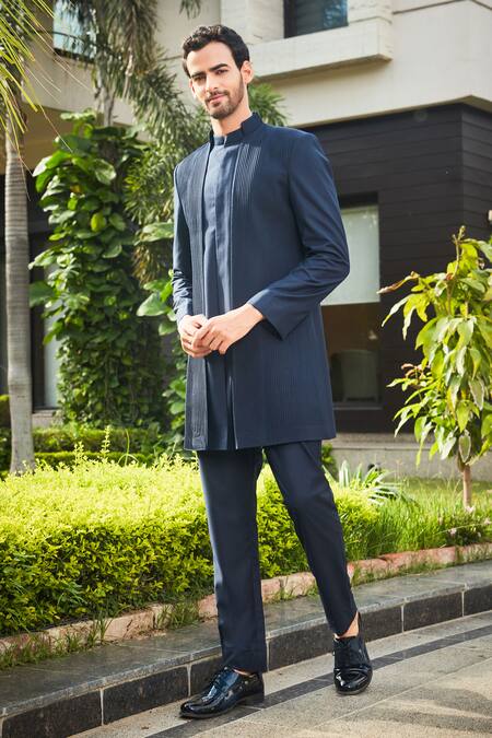 Shop Bohame Blue Terrycloth Piping Barry Pintucked Bandhgala Set Online at Aza Fashions Shop_Bohame_Blue Terrycloth Piping Barry Pintucked Bandhgala Set_Online_at_Aza_Fashions