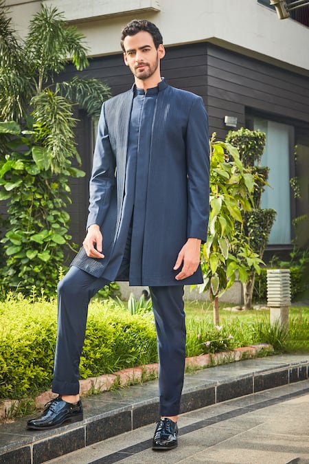 Buy Bohame Blue Terrycloth Piping Barry Pintucked Bandhgala Set Buy_Bohame_Blue Terrycloth Piping Barry Pintucked Bandhgala Set