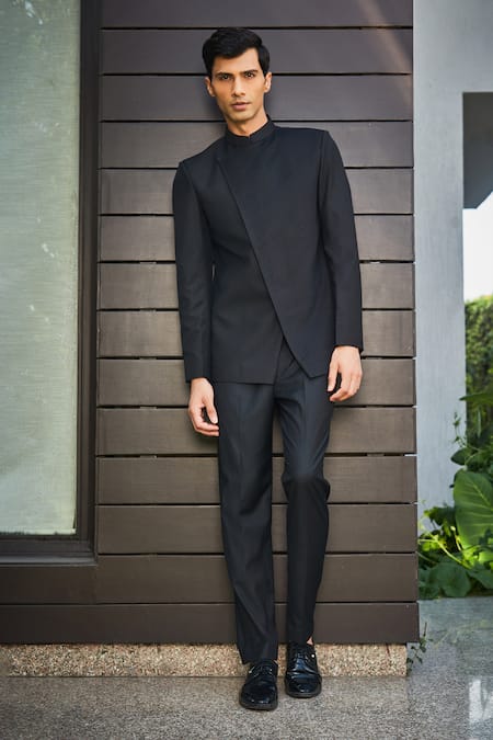 Bohame Black Terrywool Suiting Textured Pintucked Brice Bandhgala Set