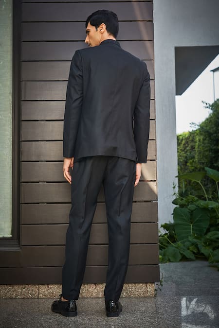 Shop Bohame Black Wool, Terrycloth Brice Pintucked Bandhgala Set at Aza Fashions Shop_Bohame_Black Wool, Terrycloth Brice Pintucked Bandhgala Set_at_Aza_Fashions