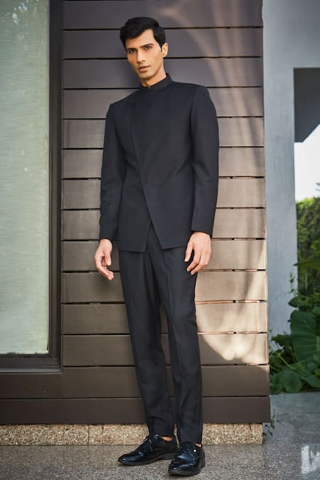 Buy Bohame Black Wool, Terrycloth Brice Pintucked Bandhgala Set Online at Aza Fashions Buy_Bohame_Black Wool, Terrycloth Brice Pintucked Bandhgala Set_Online_at_Aza_Fashions