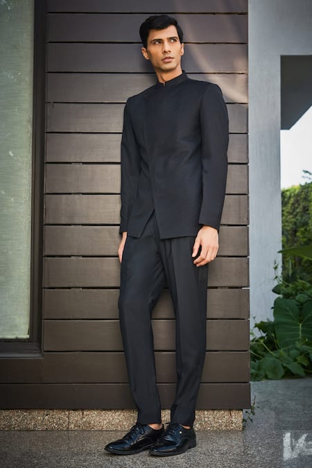 Shop Bohame Black Wool, Terrycloth Brice Pintucked Bandhgala Set Online at Aza Fashions Shop_Bohame_Black Wool, Terrycloth Brice Pintucked Bandhgala Set_Online_at_Aza_Fashions