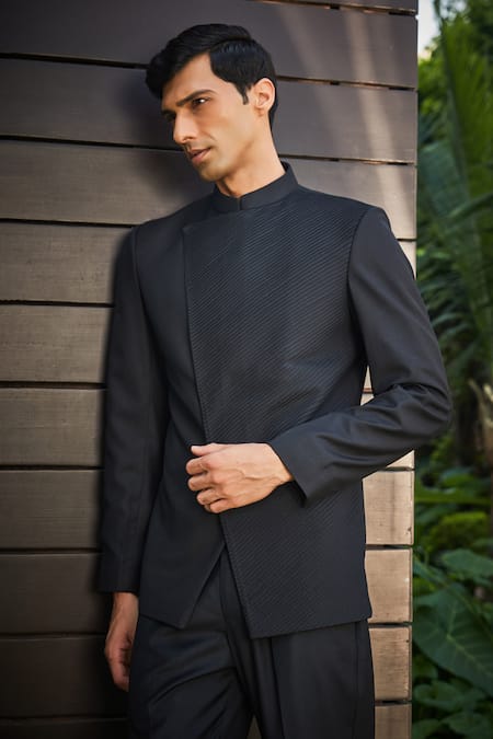 Bohame Black Wool, Terrycloth Brice Pintucked Bandhgala Set at Aza Fashions Bohame_Black Wool, Terrycloth Brice Pintucked Bandhgala Set_at_Aza_Fashions