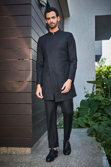 Bohame Black Terrywool Suiting Textured Pintucked Dejon Bandhgala Set
